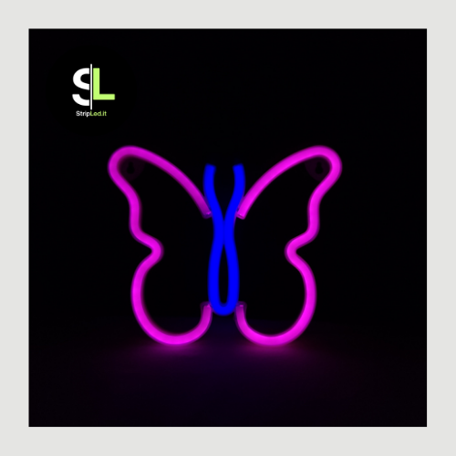 Insegna neon LED farfalla Butterfly accesa con luce rosa e blu