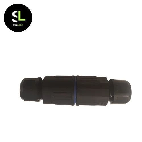 Connettore cavo IP68 a 3 pin chiuso in primo piano su sfondo bianco e logo stripled.it
