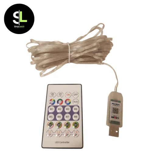 Kit ghirlanda LED RGBIC IP67 10 metri con telecomando e USB su sfondo bianco con logo Stripled.it