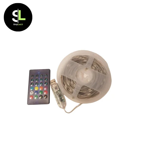 Kit ghirlanda LED RGBIC smart 10 m USB con telecomando su sfondo bianco e logo Stripled.it
