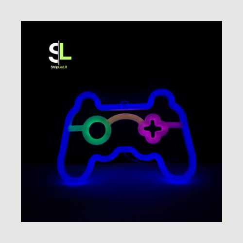 Controller LED neon acceso con luce RGB, insegna decorativa per gamer.
