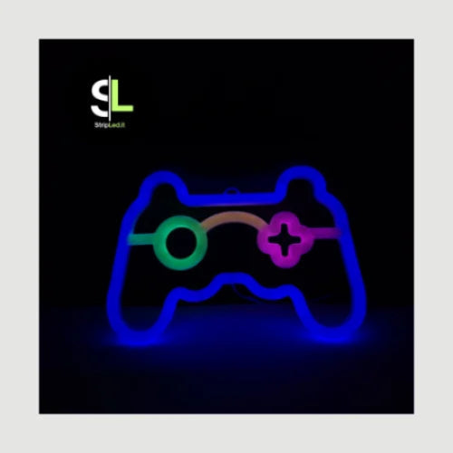Controller LED neon acceso con luce colorata su sfondo nero e logo StripLed.it