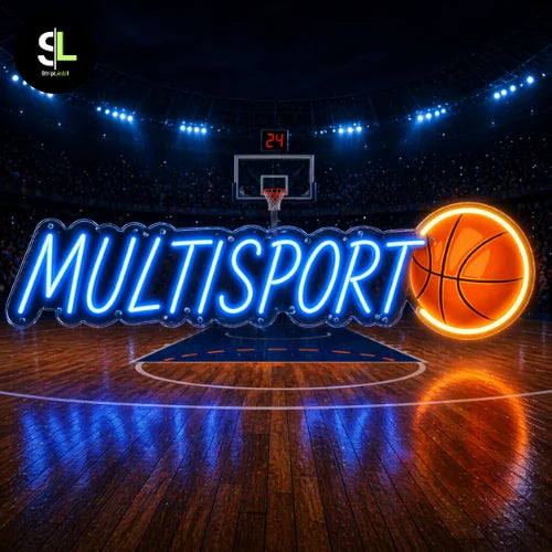 Insegna neon LED MULTISPORT con pallone basket su campo da basket