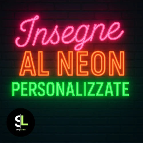 Insegna luminosa con testo Insegne al Neon Personalizzate in stile LED rosa arancione e verde su sfondo scuro con logo StripLed.it