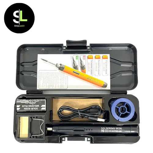 Kit saldatore a stagno USB-C nella sua confezione con accessori su sfondo bianco e logo StripLed.it