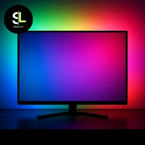 Striscia LED RGB per retroilluminazione monitor e TV con effetto luce ambientale colorato con logo StripLed.it