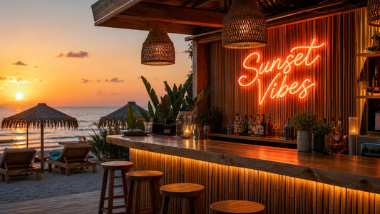Insegna neon LED personalizzata in beach bar al tramonto