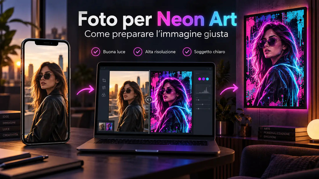 Foto trasformata in Neon Art personalizzata con stampa UV e dettagli Neon LED