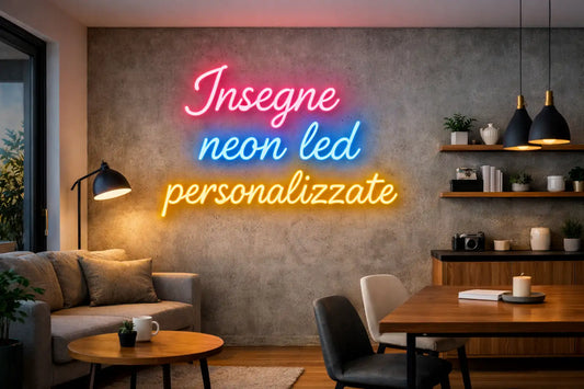 Insegna neon LED personalizzata montata su parete di un interno moderno con scritta luminosa "Insegne neon led personalizzate"