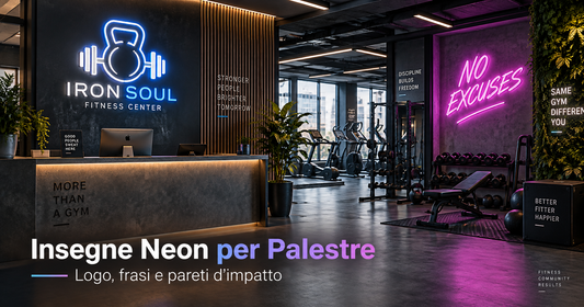 Insegne neon LED personalizzate per palestra e centro fitness con logo e frase motivazionale 