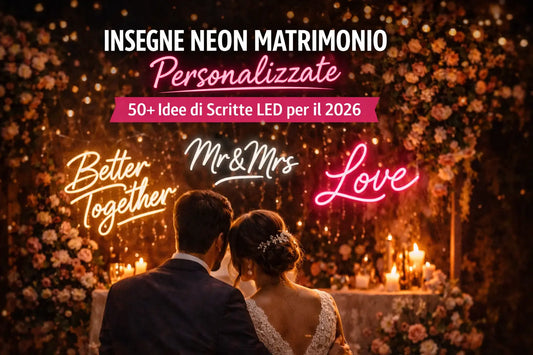 Insegne neon matrimonio personalizzate con scritte LED “Mr & Mrs”, “Love” e “Better Together” su sfondo romantico con sposi e luci decorative.