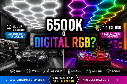 Confronto LED esagonali 6500K bianco freddo e Digital RGB per garage, officina, car detailing e showroom