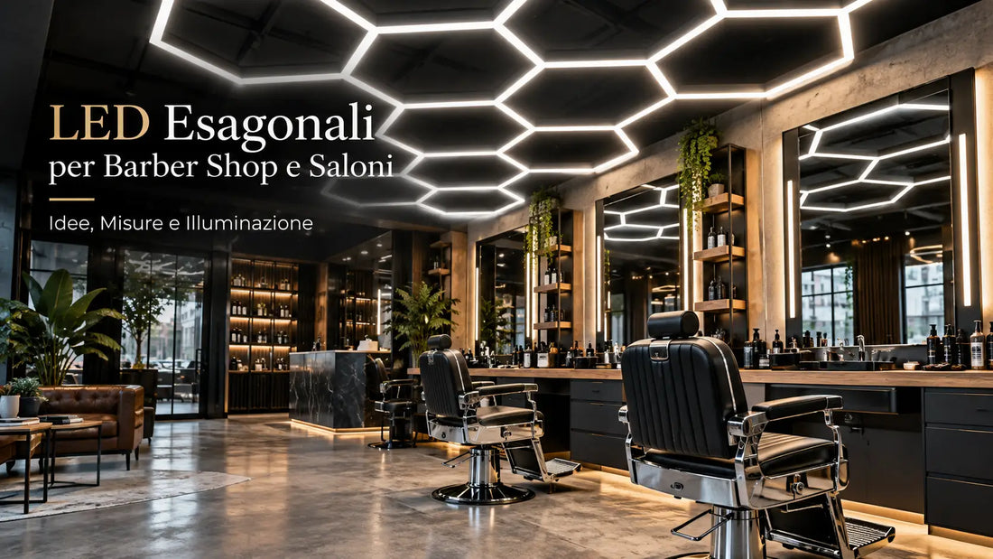Barber shop moderno con soffitto a LED esagonali bianchi sopra le postazioni di lavoro