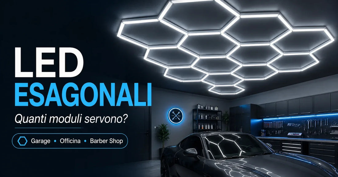 LED esagonali modulari installati sul soffitto di garage e officina
