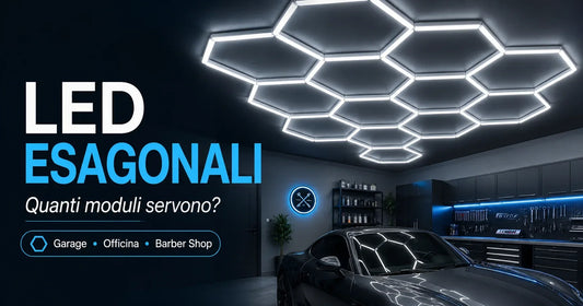 LED esagonali modulari installati sul soffitto di garage e officina