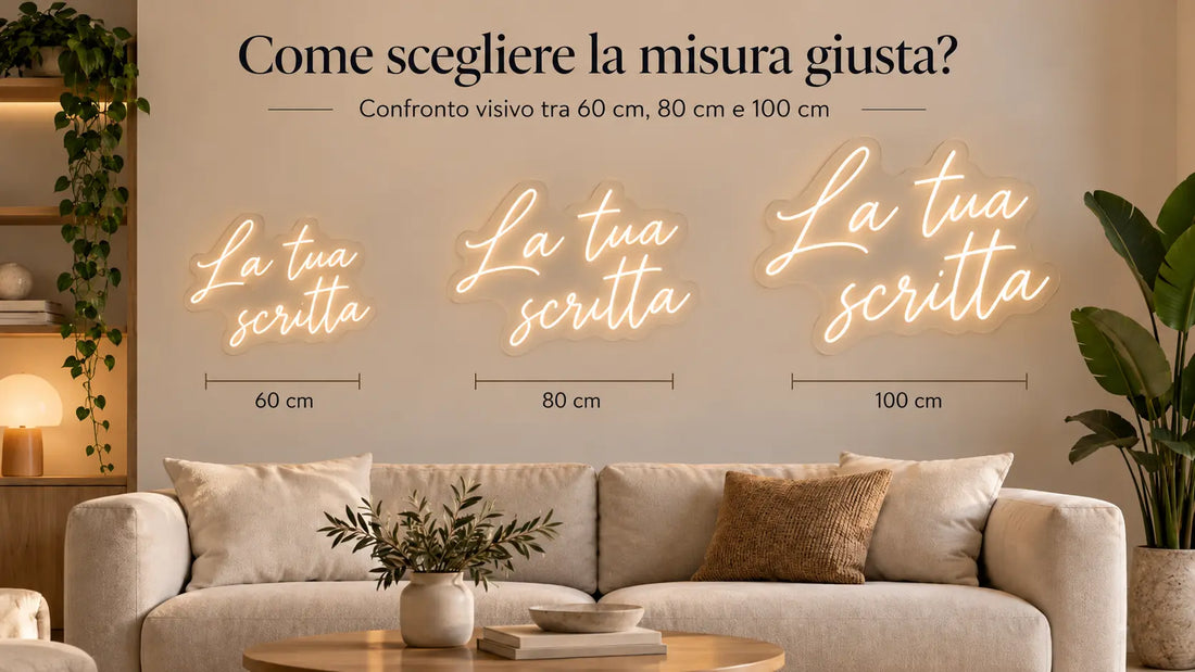 Confronto visivo tra insegne neon LED da 60 cm, 80 cm e 100 cm per scegliere la misura più adatta