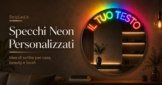 Specchio neon personalizzato tondo con scritta LED colorata, idee per casa, beauty salon e locali