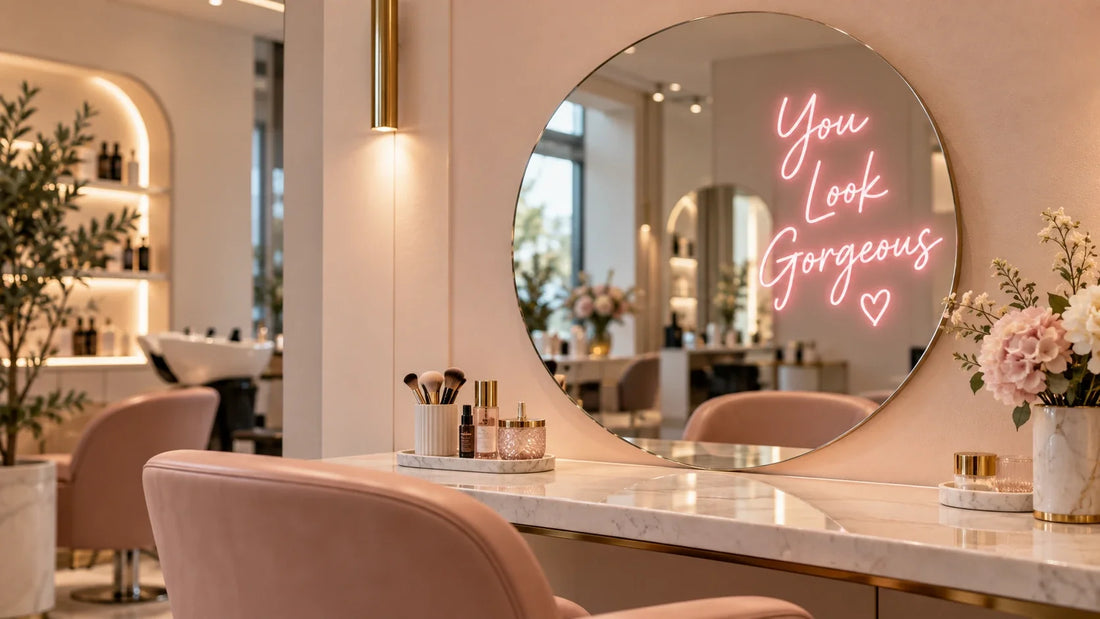 Specchio neon in acrilico per salone di bellezza con scritta luminosa in ambiente beauty elegante