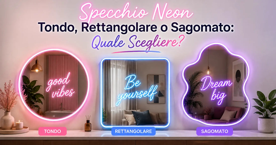 Confronto tra specchio neon tondo, rettangolare e sagomato con scritte luminose