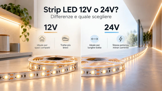 Confronto tra strip LED 12V e 24V con differenze di utilizzo, lunghezza e corrente