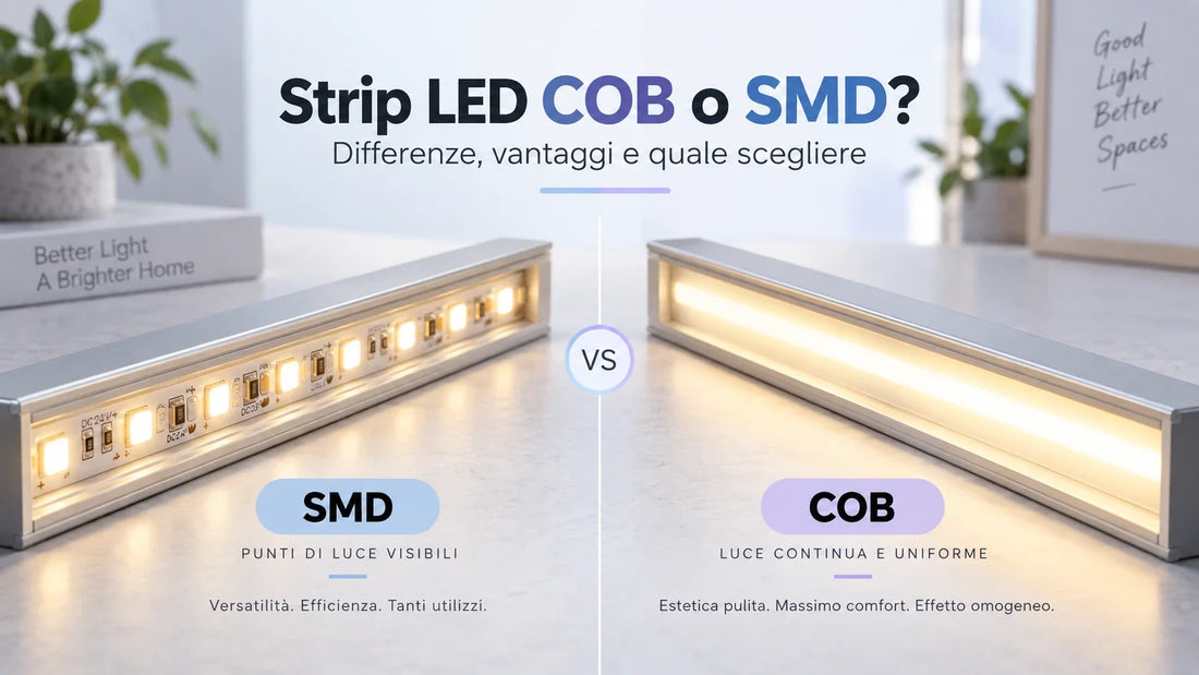 Confronto tra strip LED SMD con punti luce visibili e strip LED COB con luce continua e uniforme