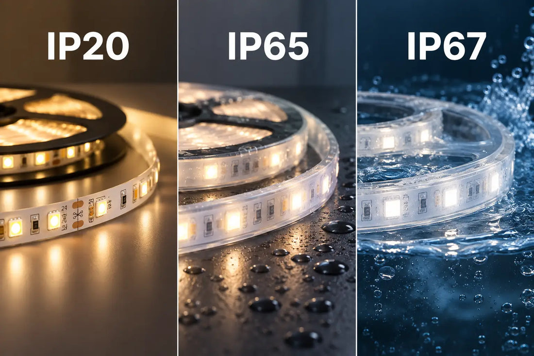 Confronto tra strip LED IP20, IP65 e IP67 con diversi livelli di protezione da acqua e umidità