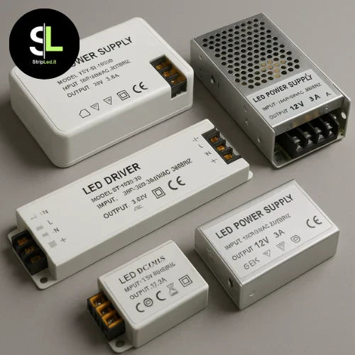 Alimentatori LED 12V e 24V di diverse tipologie disposti su un tavolo con logo Stripled.it