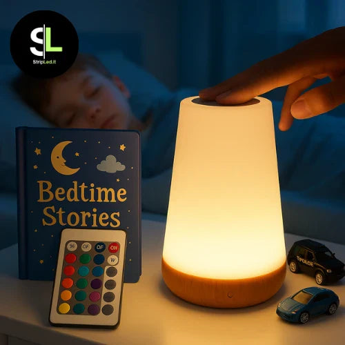 Lampada notturna RGB da comodino con telecomando, luce calda accesa vicino a un bambino che dorme e logo Stripled.it