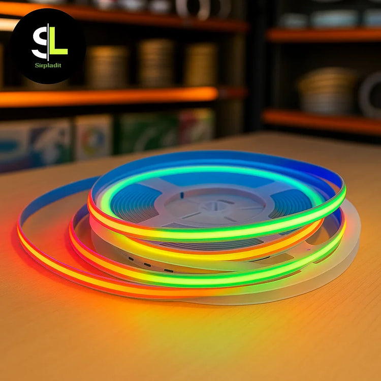 Striscia LED COB RGB accesa posata su un bancone di negozio illuminazione e logo StripLed.it