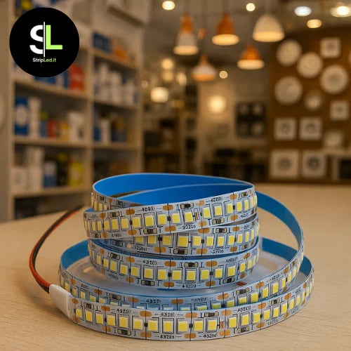 Strip LED SMD arrotolata appoggiata su un bancone all'interno di un negozio di illuminazione e sullo sfondo logo StripLed.it