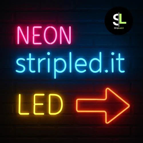 Insegna neon LED colorata decorativa con scritte NEON e freccia luminosa su sfondo scuro con logo StripLed.it