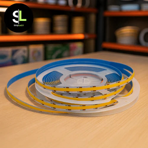 Striscia LED COB in rotolo appoggiata su un banco in negozio con logo Stripled.it