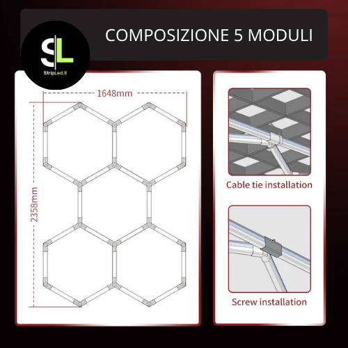 HEXAGON LED COMPOSIZIONE DA 5 MODULI 220 VAC BIANCO FREDDO
