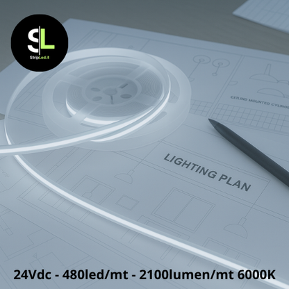 STRIP LED COB 24 VDC 5MT 480LEDS/MT IP20 BIANCO FREDDO 6000K