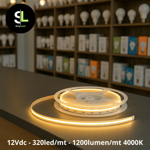 STRIP LED COB 5MT 320LEDS/MT 12V IP20 BIANCO NATURALE 4000K