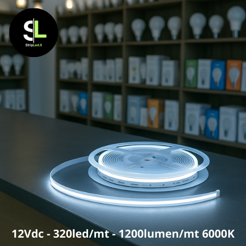 STRIP LED COB 5MT 320LEDS/MT 12V IP20 BIANCO FREDDO 6000K