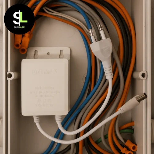 Alimentatore 12V installato in scatola di derivazione con logo StripLed.it