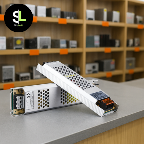 Alimentatore switching 24V ultrasottile mostrato in negozio con altri alimentatori professionali.