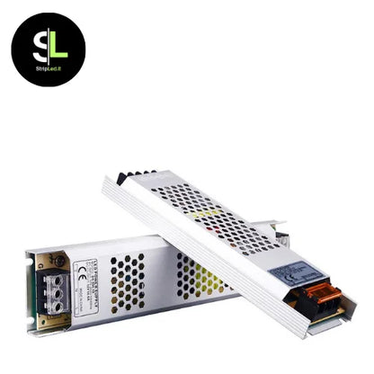 Alimentatore switching ultrasottile 24V DC in alluminio su sfondo bianco con logo StripLed.it