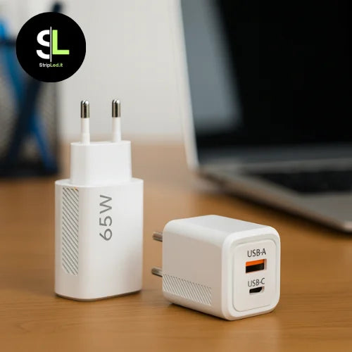 Caricatore USB da 65W con doppia porta USB-A e USB-C appoggiato su una scrivania accanto a un laptop e logo StripLed.it