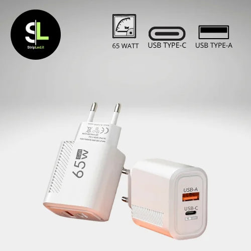 Alimentatore rapido da 65W con porte USB-A e USB-C mostrato in primo piano con icone delle caratteristiche tecniche e logo StripLed.it