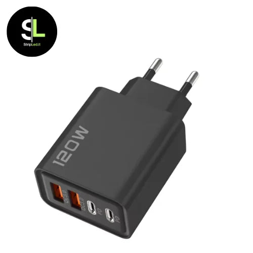 Caricatore USB 120W nero multiporta su sfondo bianco e logo StripLed.it