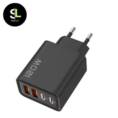 Caricatore USB 120W nero multiporta su sfondo bianco e logo StripLed.it