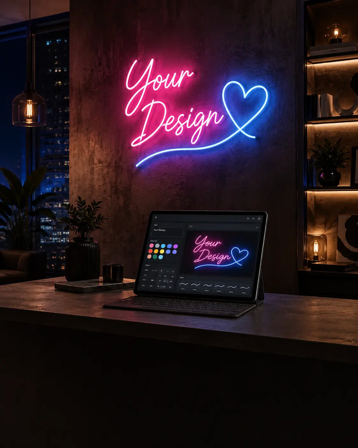 Configuratore online per insegne neon LED in ambiente moderno premium con anteprima personalizzazione su tablet
