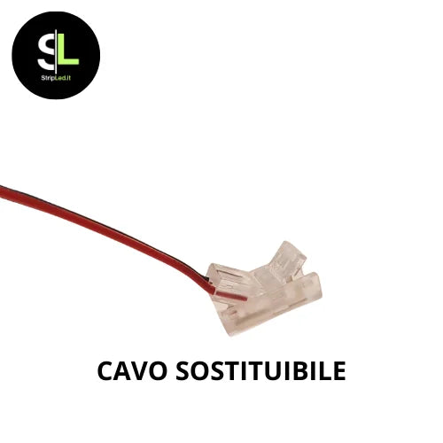 Connettore alimentazione 8mm con cavo sostituibile su sfondo bianco con logo StripLed.it