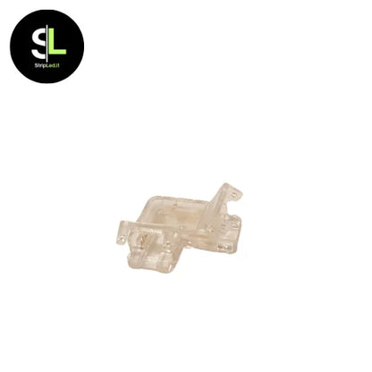 Connettore angolare 8mm per strip LED COB trasparente vista aperta su sfondo bianco con logo stripled.it