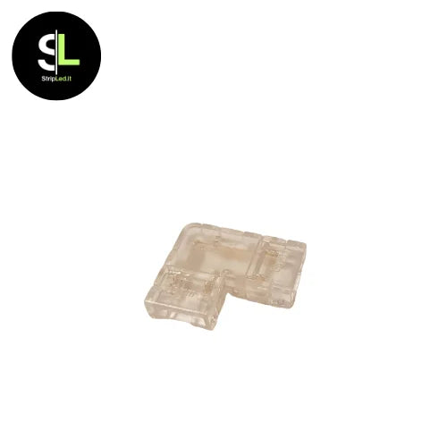 Connettore angolare 8mm per strip LED COB trasparente vista chiusa su sfondo bianco con logo stripled.it