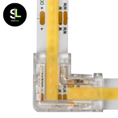 Connettore angolare 8mm montato su strip LED COB vista dettagliata su sfondo bianco e logo stripled.it.