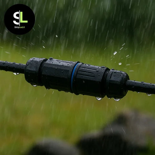 Connettore cavo impermeabile IP68 per esterni sotto la pioggia e logo stripled.it