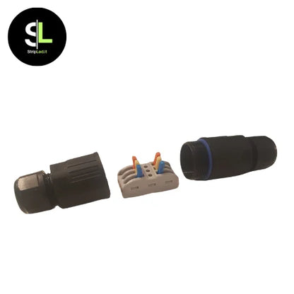 Connettore cavo IP68 a 3 pin aperto con morsetto rapido su sfondo bianco e logo stripled.it